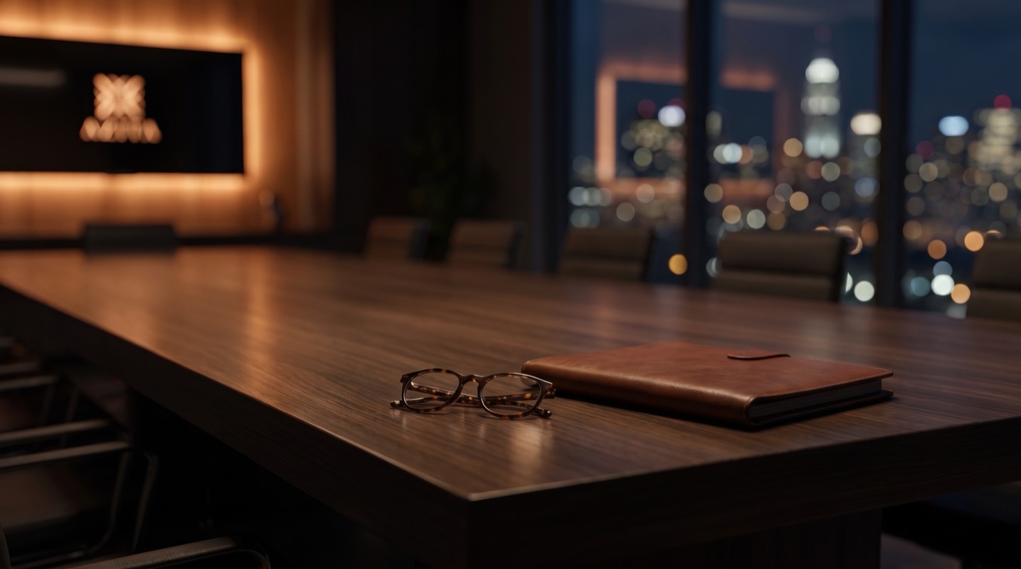 A dark boardroom table corner with reading glasses and a closed folio, a warm screen glow reflected on the wood