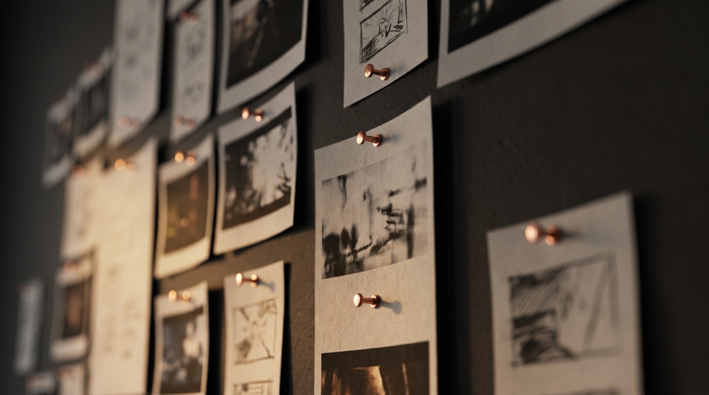 A creator's pin wall of printed video frames held by copper pins in warm lamplight