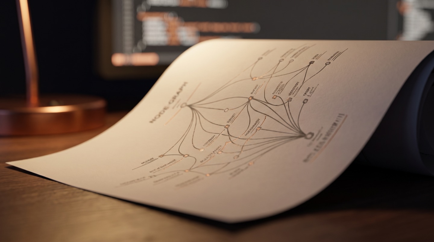 Macro of a printed node-graph pipeline diagram on a dark desk in warm lamplight