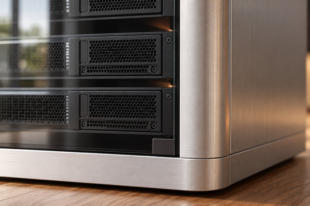 Concept detail of a brushed-metal cabinet frame and dark perforated equipment panels.