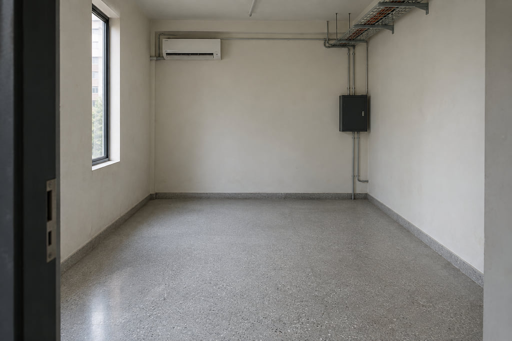 Concept of an empty service room with a window, closed electrical enclosure and overhead cable tray.