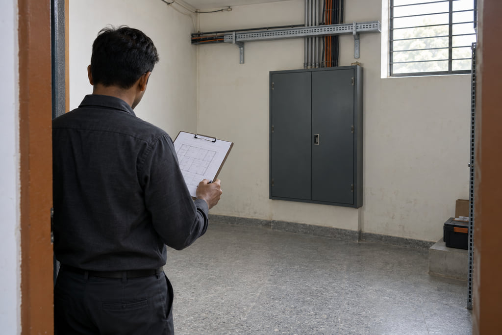 Concept of an engineer reviewing a room plan beside a closed electrical enclosure.