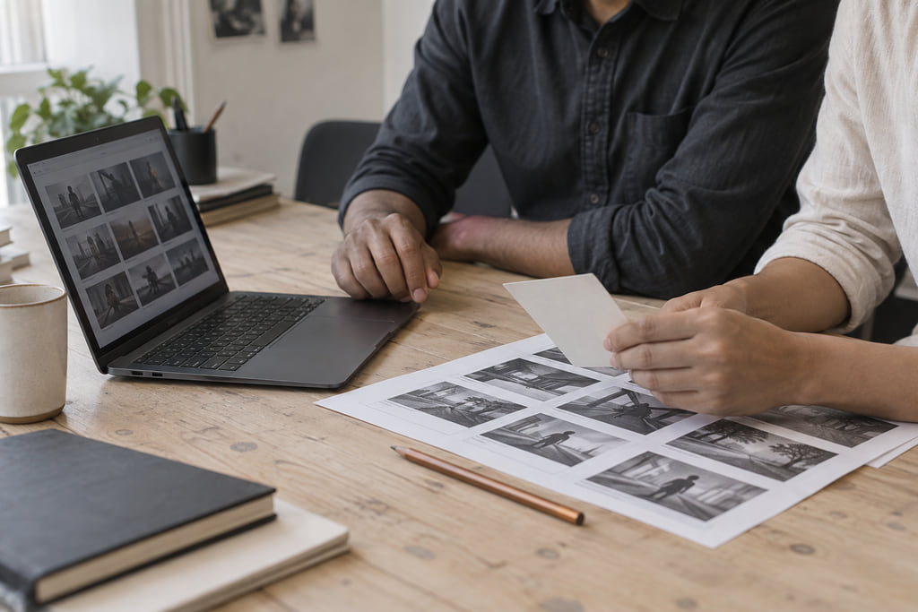 Concept of two people reviewing visual outputs at a laptop and on printed storyboards.