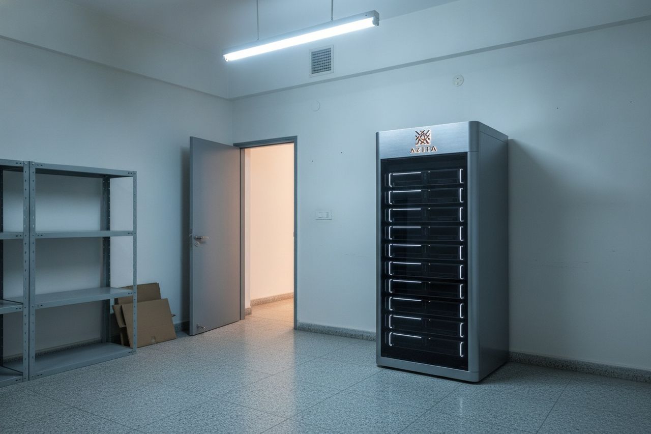 The Azita pod standing in a spare office store room with steel shelving and a propped-open grey door.