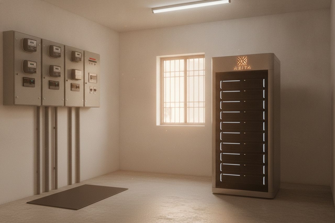 The Azita pod standing in a housing society electrical room beside a wall of meter boxes and a distribution board.