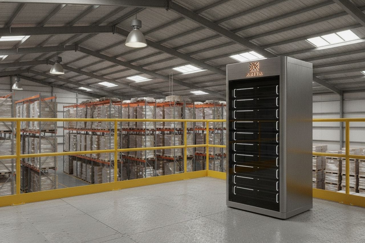 The Azita pod standing on a steel warehouse mezzanine with a yellow handrail and pallet racking below.